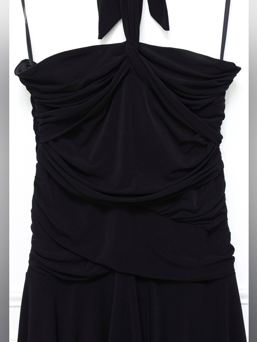 Vintage Black Asymmetrical Halter Dress Ruched Drop Waist Size 16 Y2K 90s Hoco - Picture 3 of 9